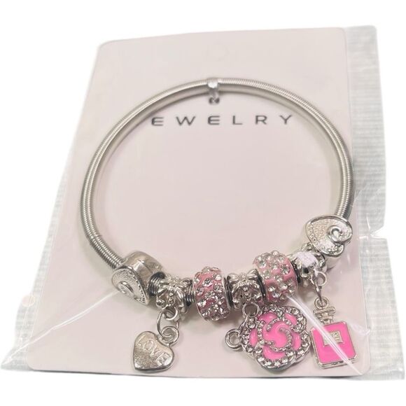 Designer Silver and Pink Camelia Flower Charm Bracelet - Picture 2 of 2